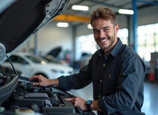Jeune mecanicien souriant dans un atelier auto moderne
