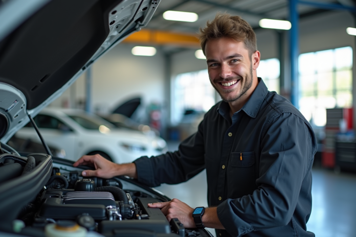Jeune mecanicien souriant dans un atelier auto moderne