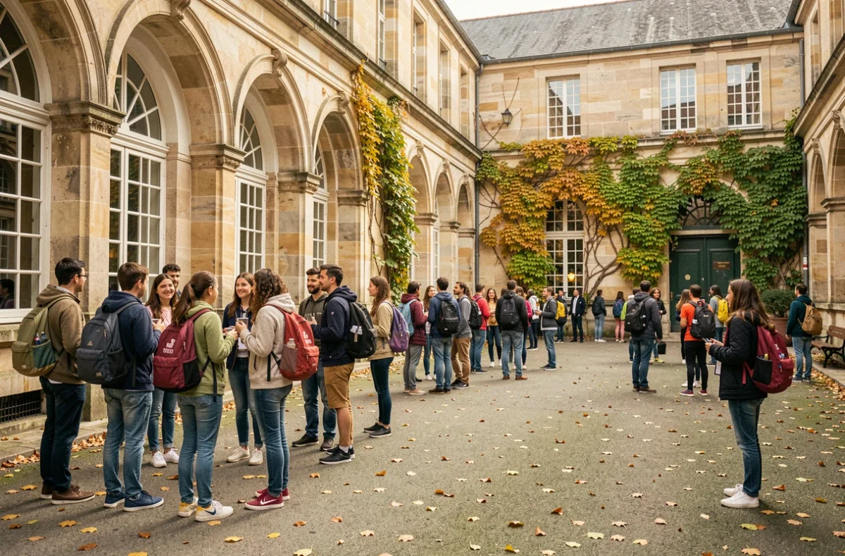Cour d'un lycée en Gironde avec des élèves et une architecture classique en pierre