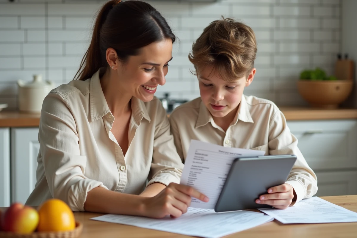 Mère et fils consultant ensemble un calculateur de moyenne en ligne sur tablette avec un bulletin scolaire