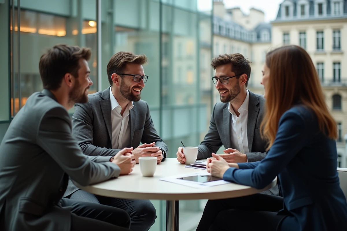 Groupe de professionnels en train de networker lors d'une pause café à une conférence digitale parisienne