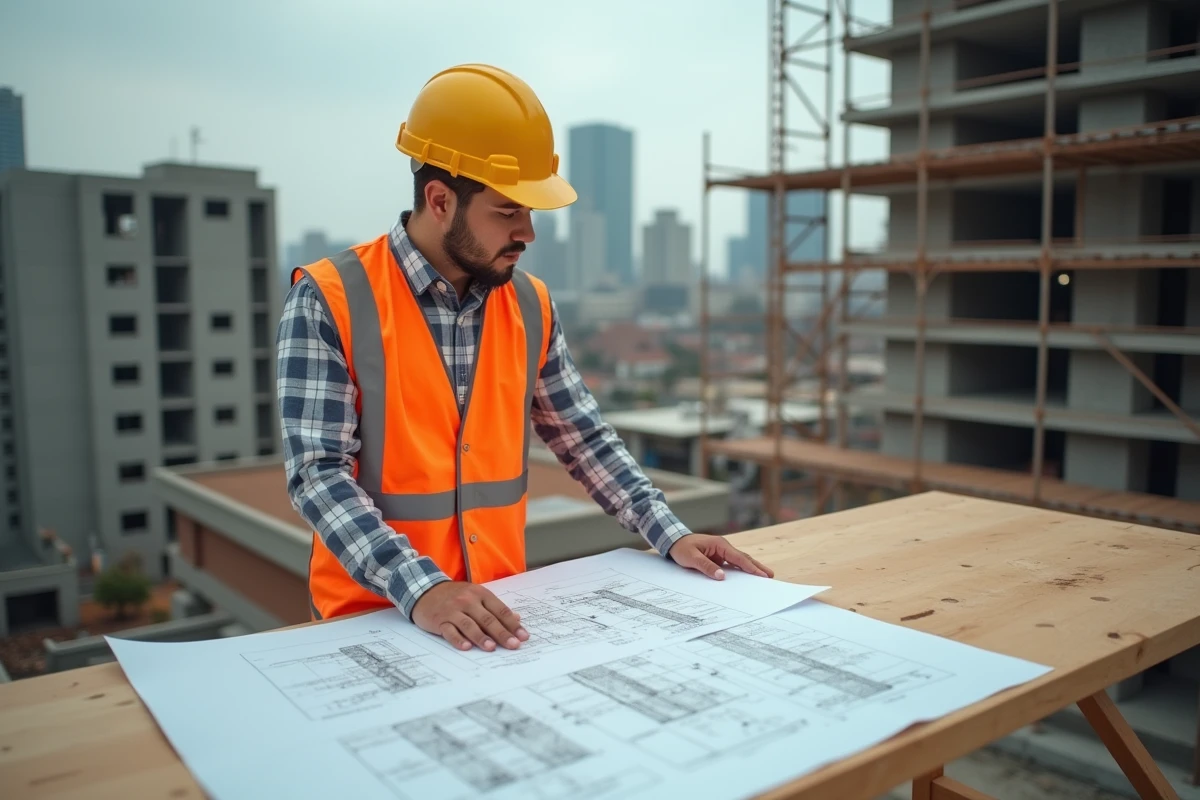 Jeune ouvrier en chantier urbain consultant des plans de construction, métier du BTP bien rémunéré sans diplôme
