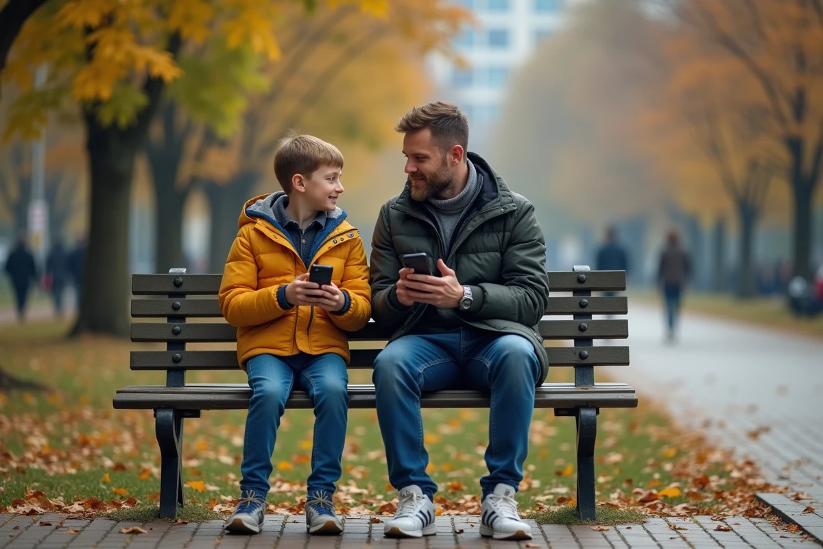 Père et fils discutant sur un banc dans un parc urbain