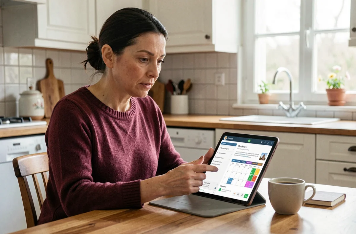 Parent d'élève consultant l'ENT Auvergne Rhône Alpes sur une tablette dans la cuisine