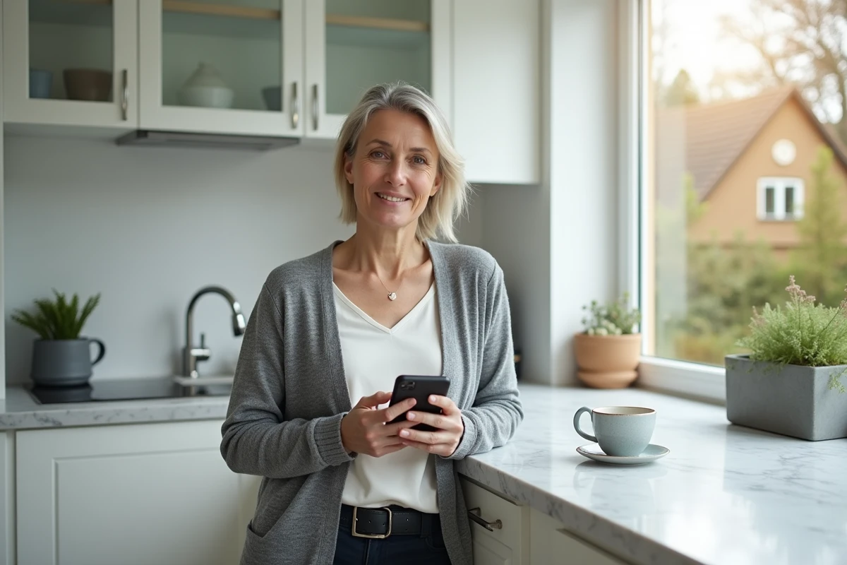 Mère de famille téléchargeant les photos scolaires du collège Jean Rostand depuis son smartphone dans la cuisine