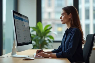 Femme utilisant un portail de services municipaux sur ordinateur dans un bureau moderne à Amiens