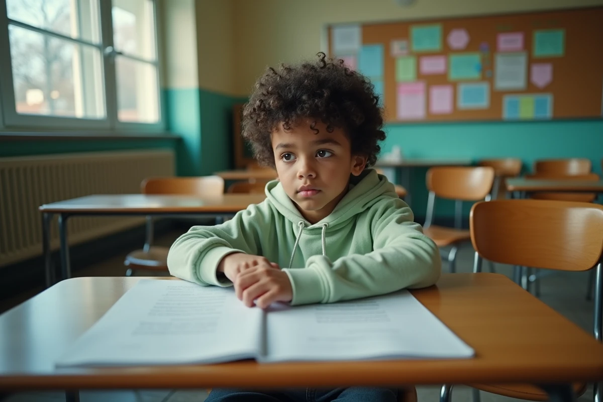 Adolescent qui prépare son discours de délégué seul en classe en révisant ses notes manuscrites