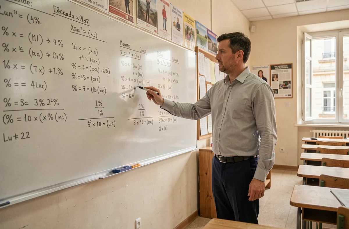 Professeur expliquant le calcul de la moyenne du contrôle continu au brevet devant un tableau