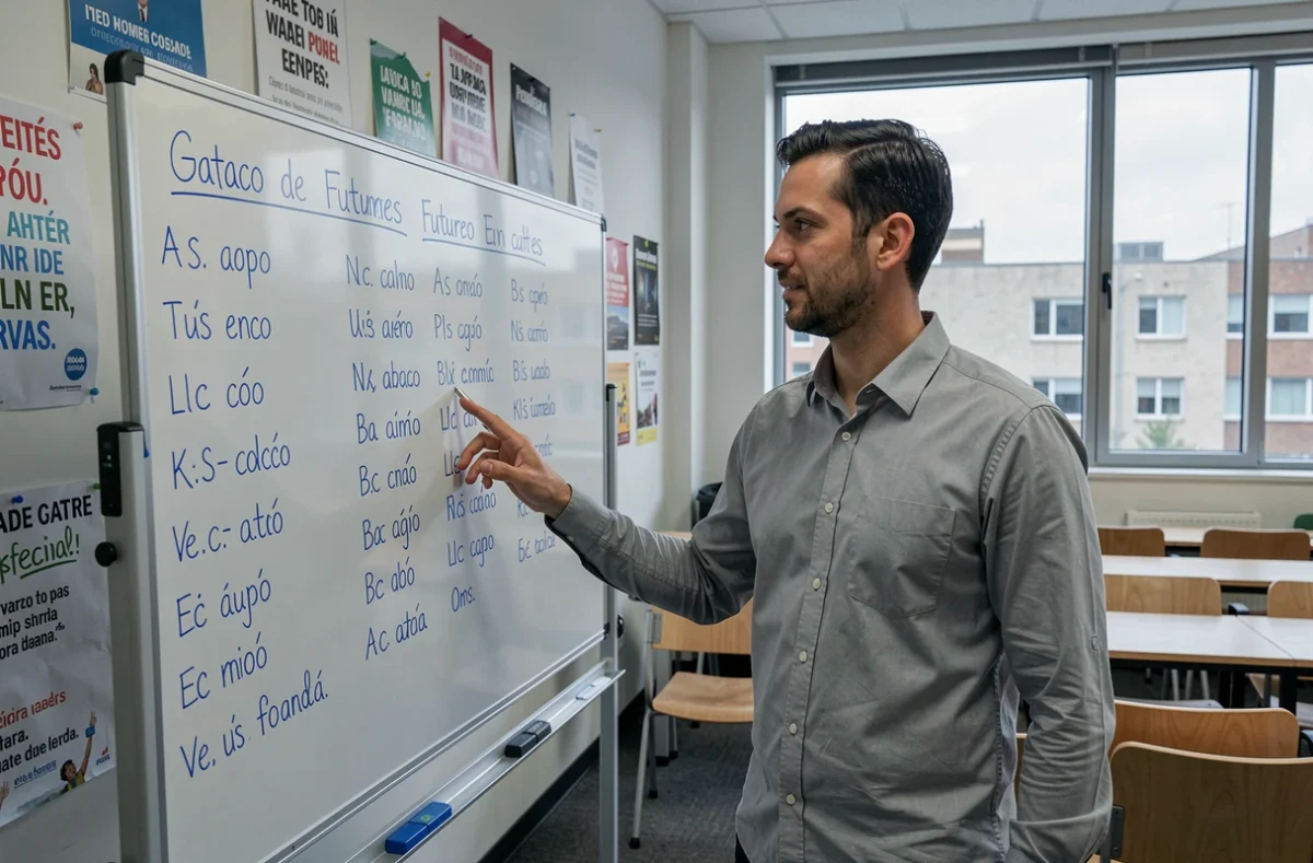Professeur d'espagnol expliquant le futur simple devant un tableau blanc avec des conjugaisons en classe de langue moderne