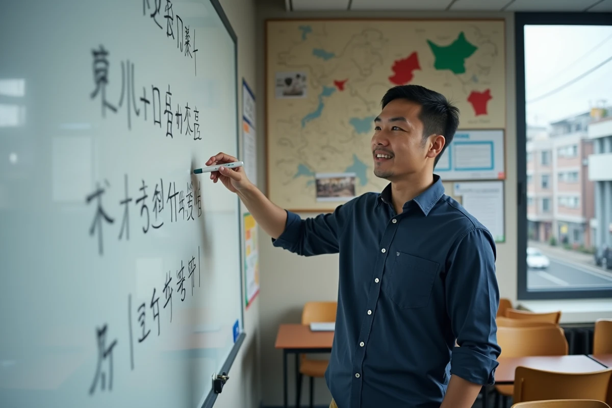 Professeur expliquant les différences entre les caractères japonais et chinois au tableau dans une salle de classe de langues