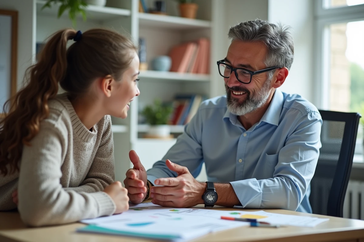 Professeur de sciences expliquant à une élève dans un bureau moderne