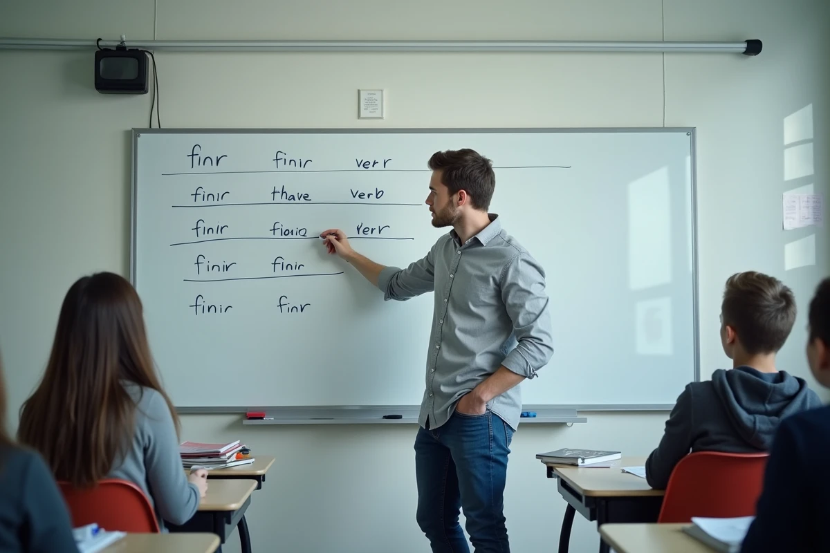 Professeur expliquant la conjugaison des verbes du 2ème groupe au tableau blanc en classe de collège