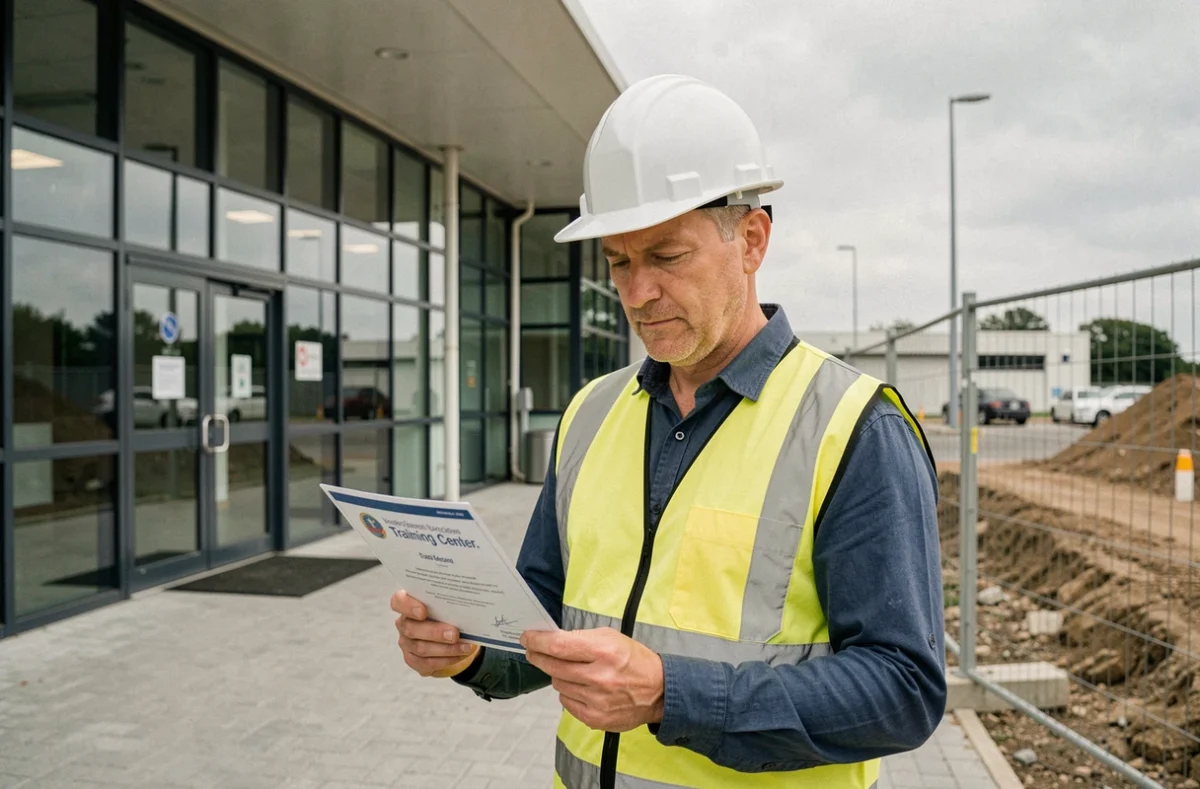 Professionnel du BTP consultant sa carte de certification RNCP devant un centre de formation en construction