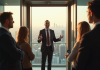 Professionnel confiant donnant un pitch dans un elevator moderne