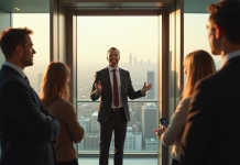 Professionnel confiant donnant un pitch dans un elevator moderne