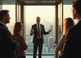 Professionnel confiant donnant un pitch dans un elevator moderne