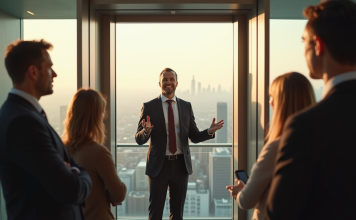 Elevator speech : comment réussir son discours d’ascenseur en 5 étapes ! Professionnel confiant donnant un pitch dans un elevator moderne