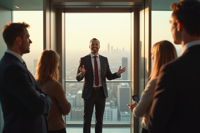 Professionnel confiant donnant un pitch dans un elevator moderne