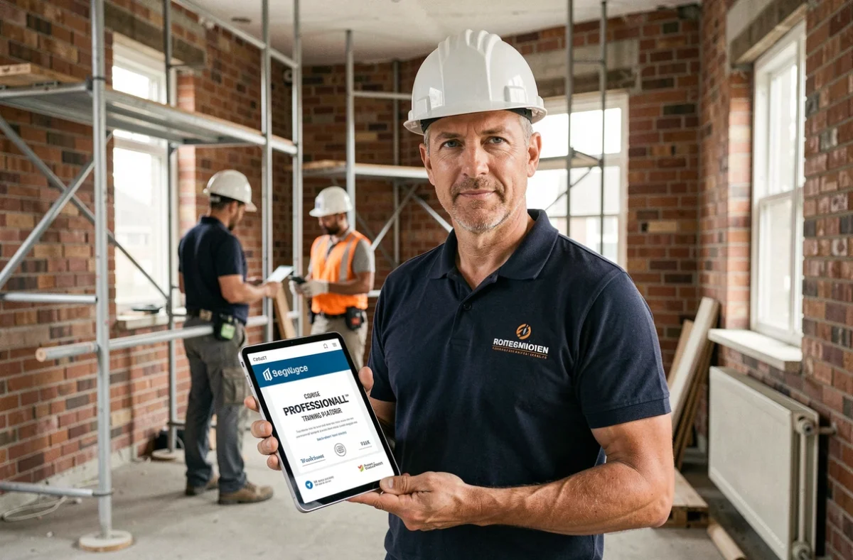 Professionnel du bâtiment consultant son certificat de formation avancée sur tablette dans un chantier de rénovation