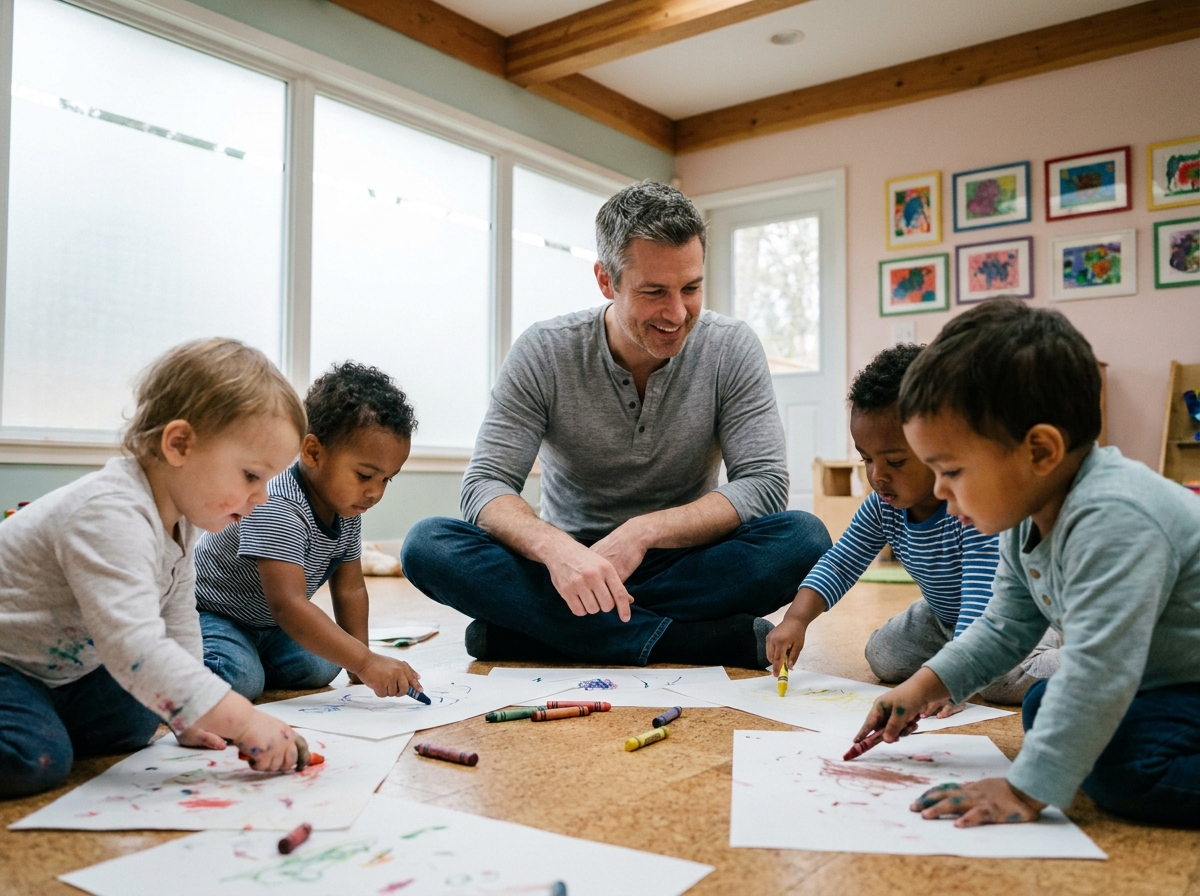 Professionnel de la petite enfance animant un atelier dessin avec des enfants en bas âge dans un espace d'éveil moderne
