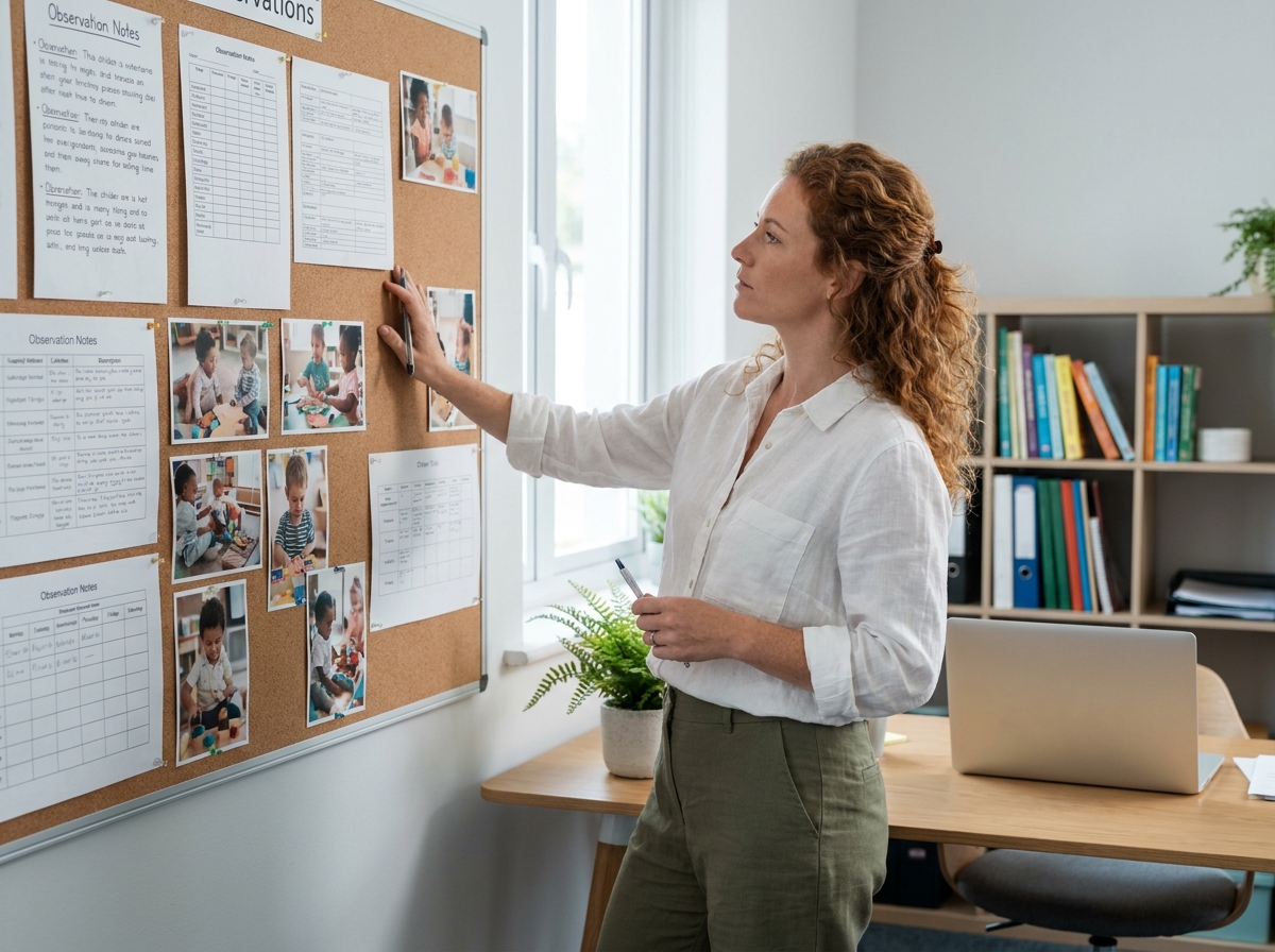 Professionnelle de l'éducation préscolaire analysant des observations pédagogiques sur un tableau de suivi dans un bureau de structure d'accueil