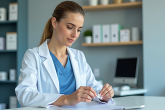 Infirmière en blouse blanche effectuant un test rapide en clinique