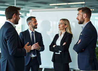 Quatre managers en réunion dans un bureau moderne
