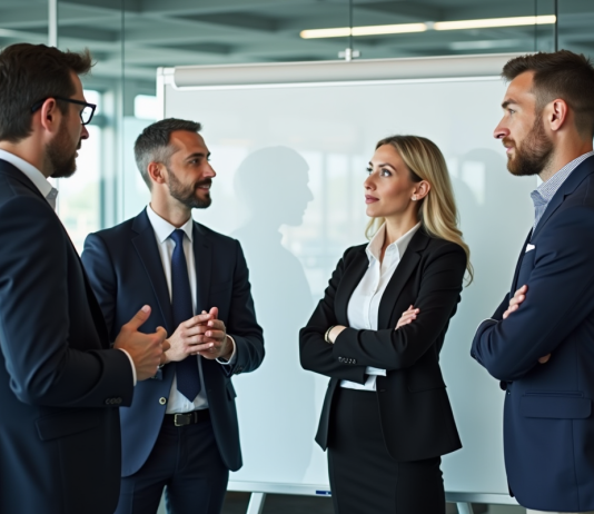 Quatre managers en réunion dans un bureau moderne