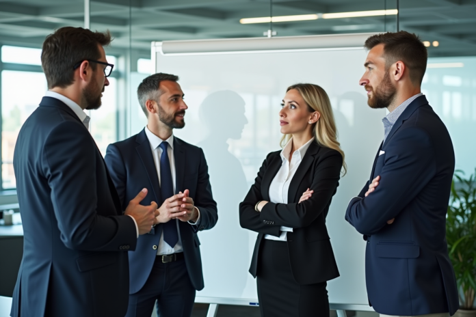 quatre-managers-standant-bureau Quatre managers en réunion dans un bureau moderne