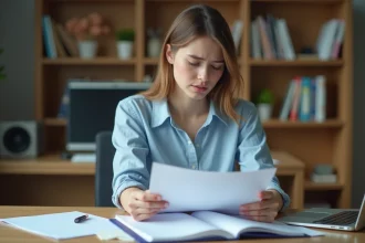 Jeune femme relisant un récapitulatif de candidature imprimé avant le jour d'une épreuve de concours