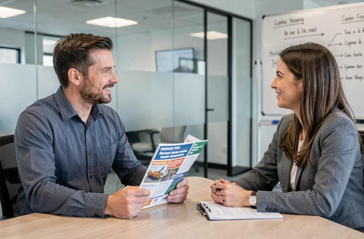 Homme en reconversion professionnelle discutant des parcours de formation aux métiers du bâtiment avec un conseiller