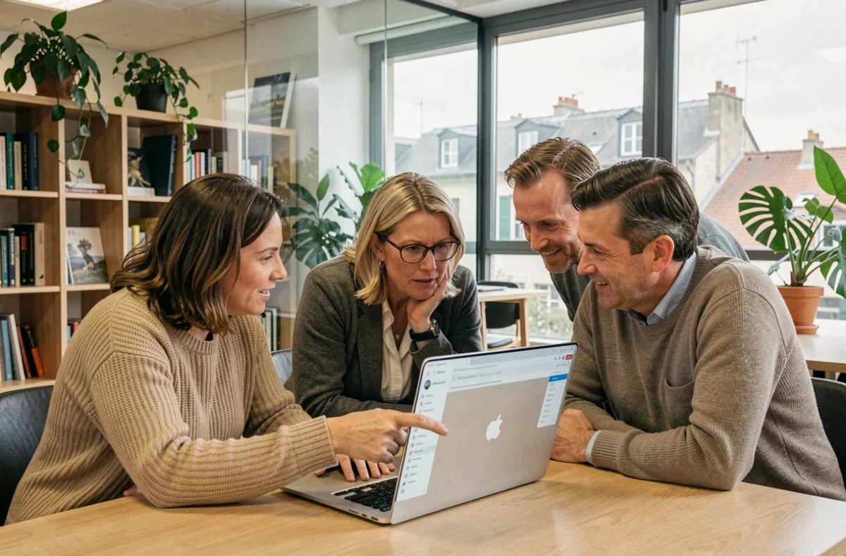 Groupe d'adultes en reconversion professionnelle travaillant ensemble sur un module de formation en ligne au Cnam