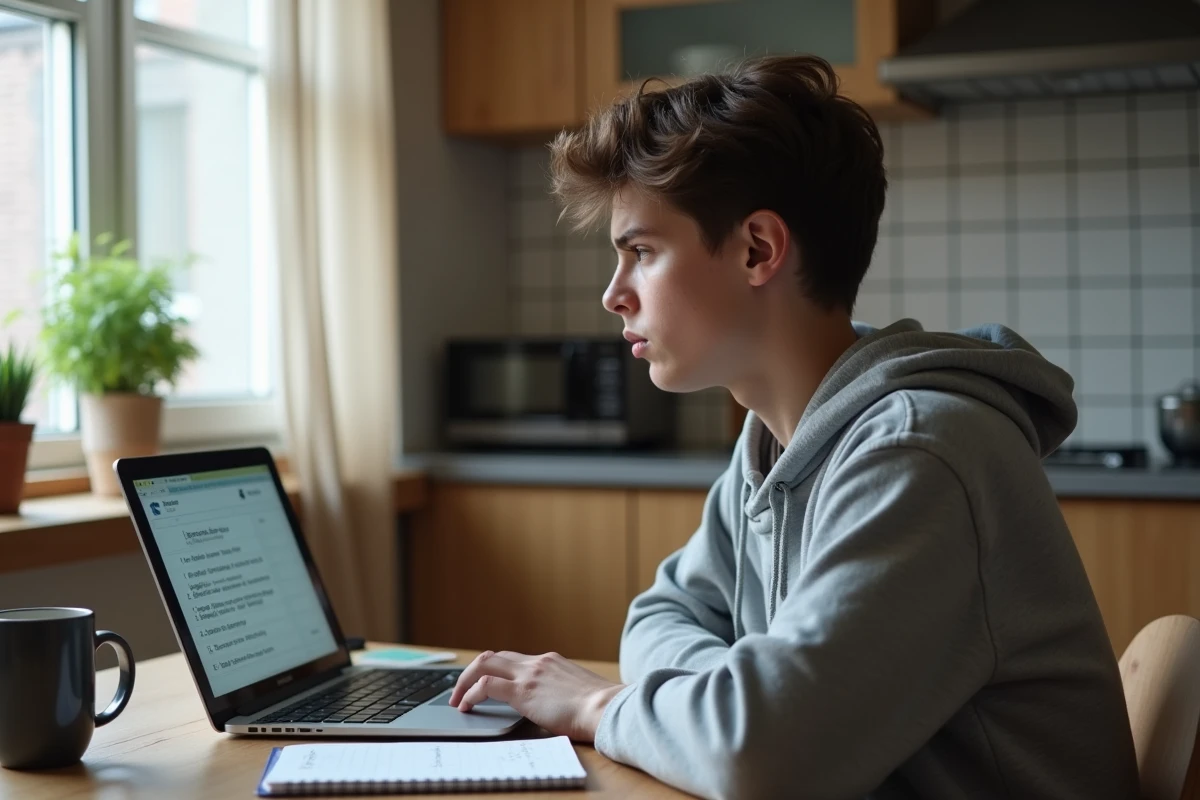 Étudiant en master 2 analysant une offre d'alternance avec un salaire insuffisant depuis chez lui