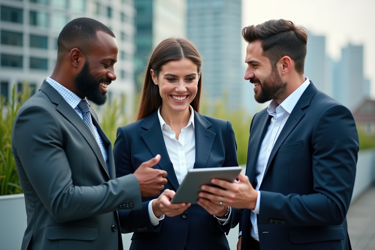 Groupe de professionnels en réunion en terrasse urbaine