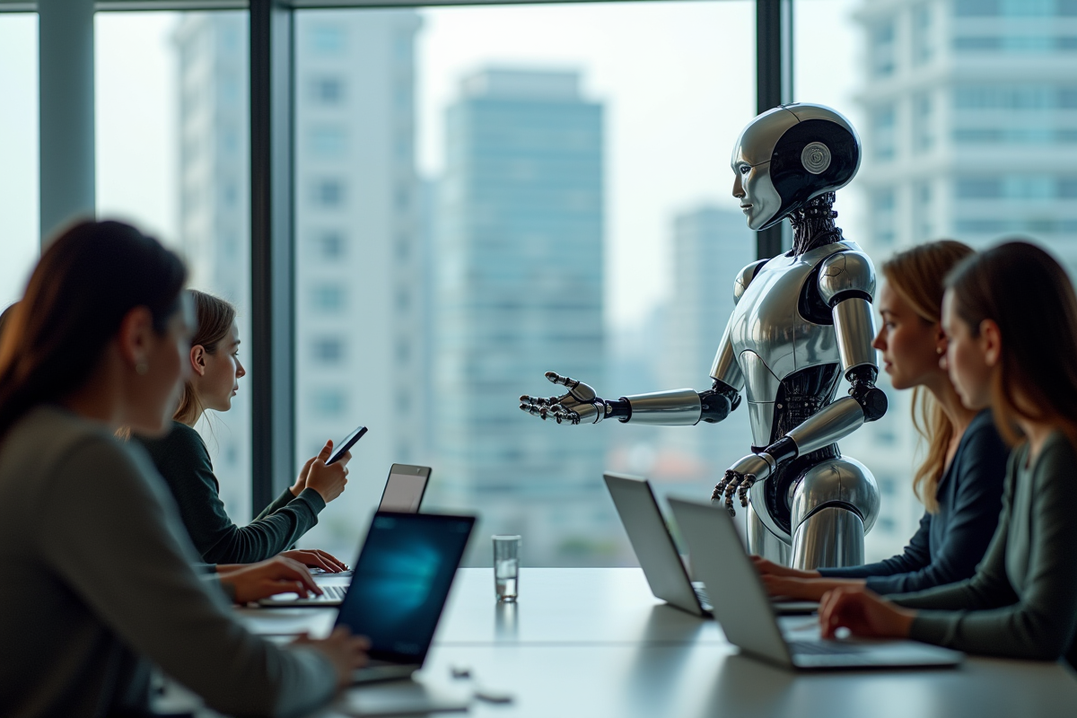 Robot humanoide avec étudiants utilisant tablettes dans classe moderne