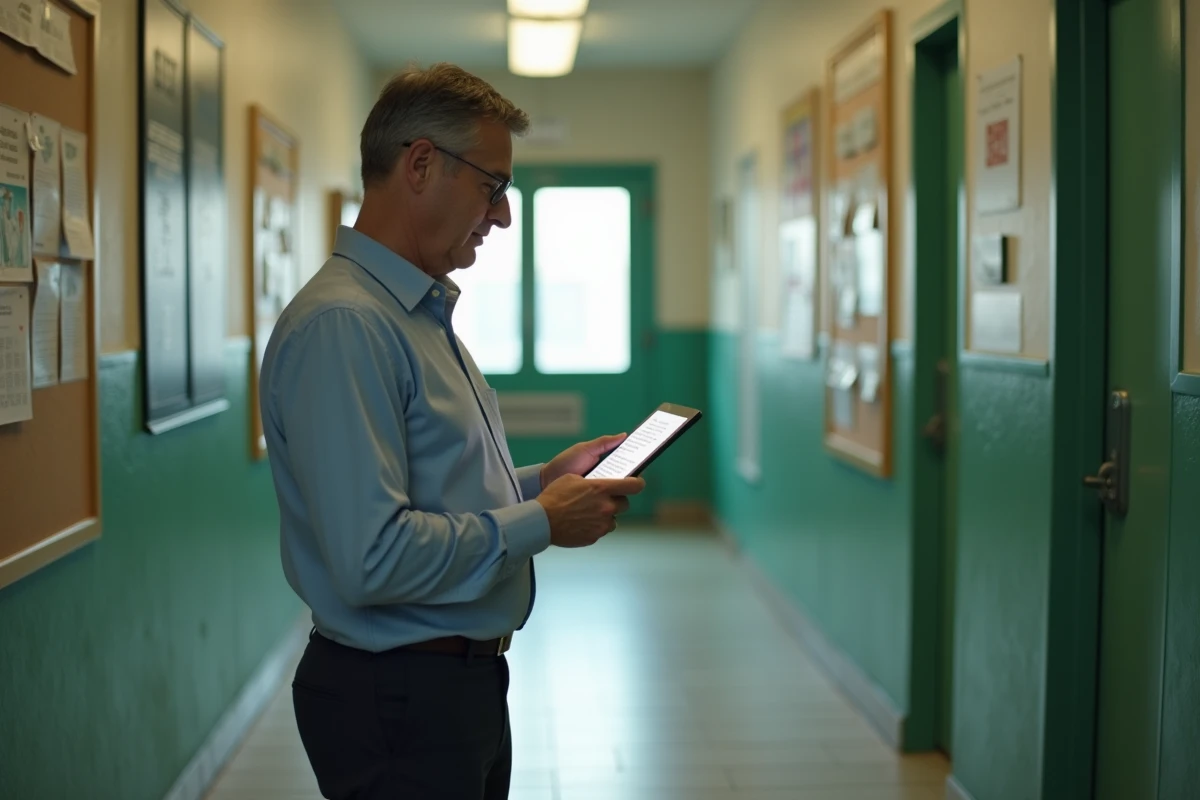 Administrateur scolaire consultant les services numériques de l'académie d'Amiens sur une tablette dans un couloir d'école