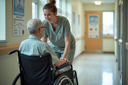 Femme en scrubs aidant une personne âgée en fauteuil