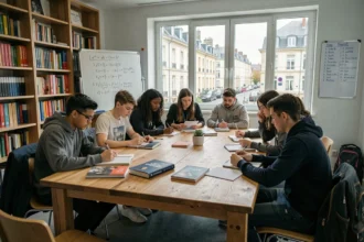 Groupe d'élèves du Pas-de-Calais réunis autour d'une table pour une session de soutien scolaire