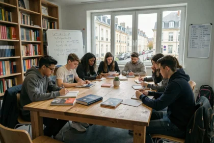 Groupe d'élèves du Pas-de-Calais réunis autour d'une table pour une session de soutien scolaire