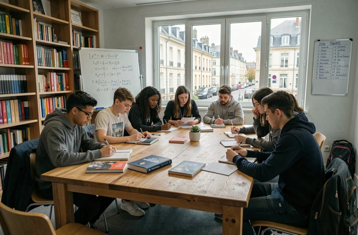 Groupe d'élèves du Pas-de-Calais réunis autour d'une table pour une session de soutien scolaire