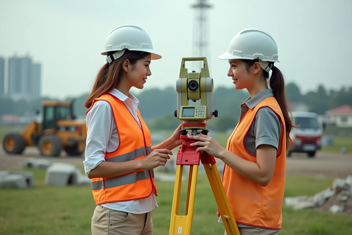Surveuse utilisant station totale sur chantier en extérieur