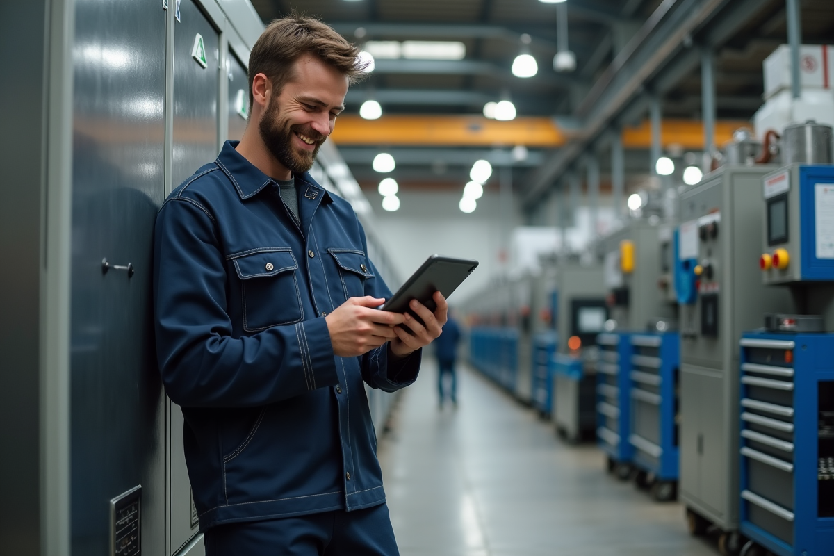 Technicien industriel vérifiant une tablette en usine