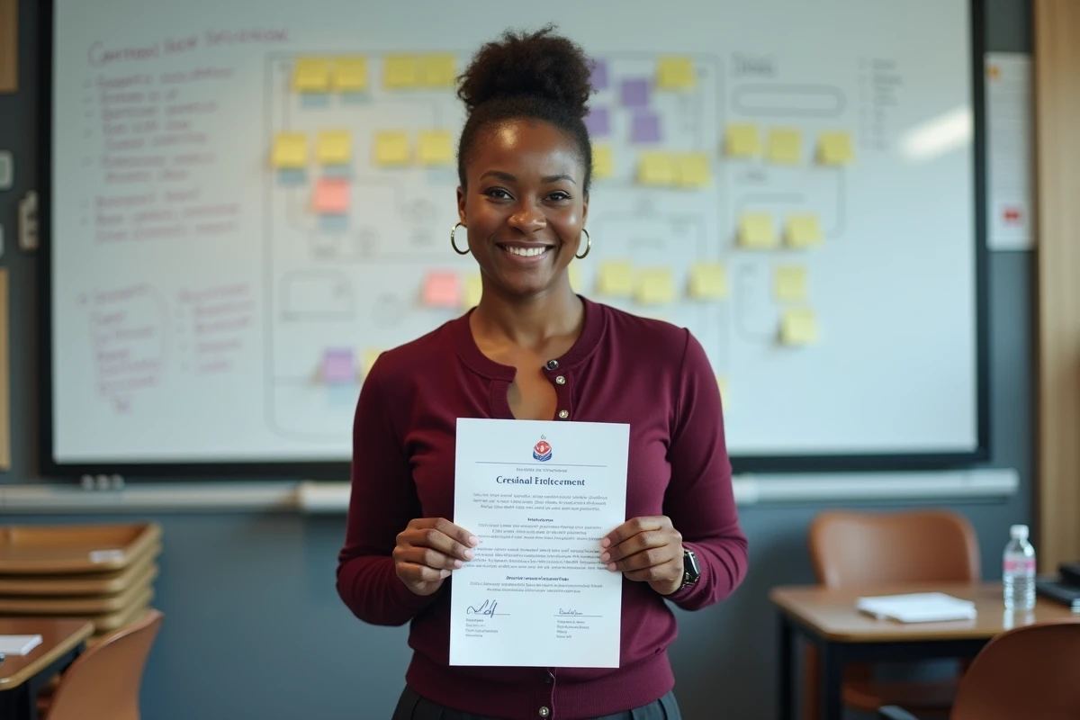 Femme tenant fièrement son certificat de formation professionnelle Oulala.net devant un tableau blanc, témoignage d'un parcours réussi vers un métier bien payé