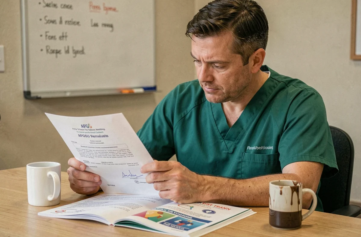 Aide-soignant consultant un certificat de renouvellement AFGSU et un manuel de formation aux gestes d'urgence