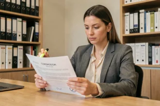 Femme professionnelle vérifiant un document de certification RNCP dans un bureau moderne avant inscription à une formation BTP