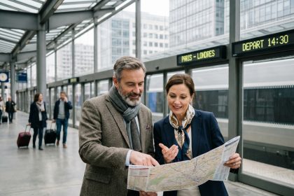 Homme et femme d'affaires à la gare en discussion