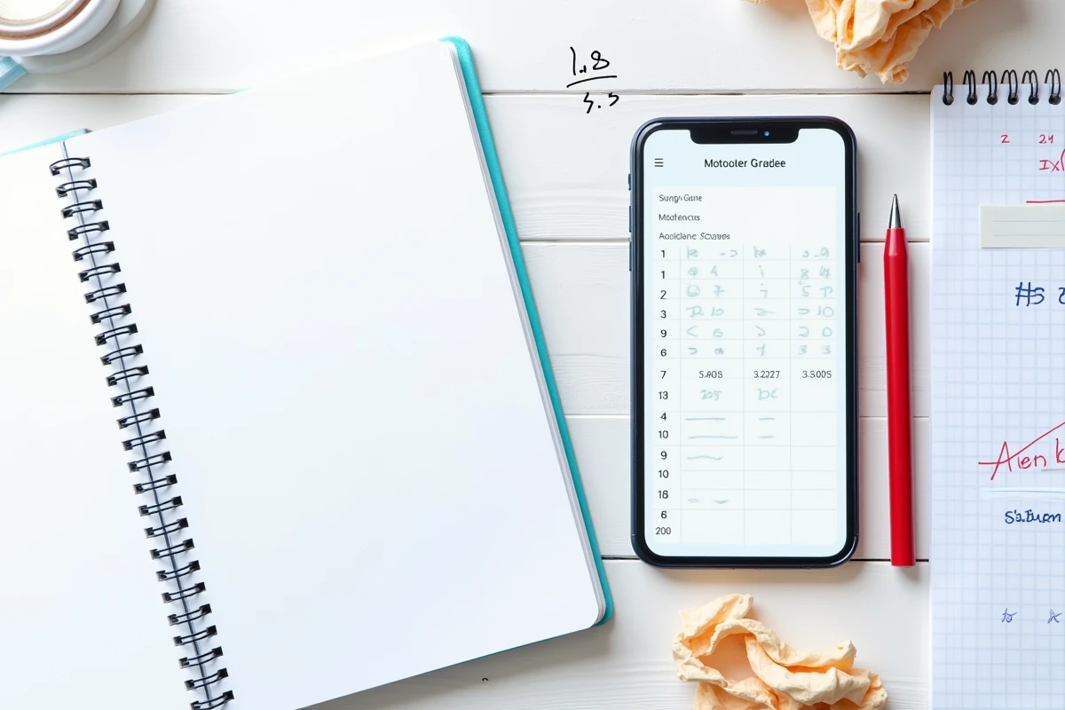 Vue aérienne d'un bureau avec smartphone affichant un calculateur de moyenne et un carnet de notes avec coefficients manuscrits